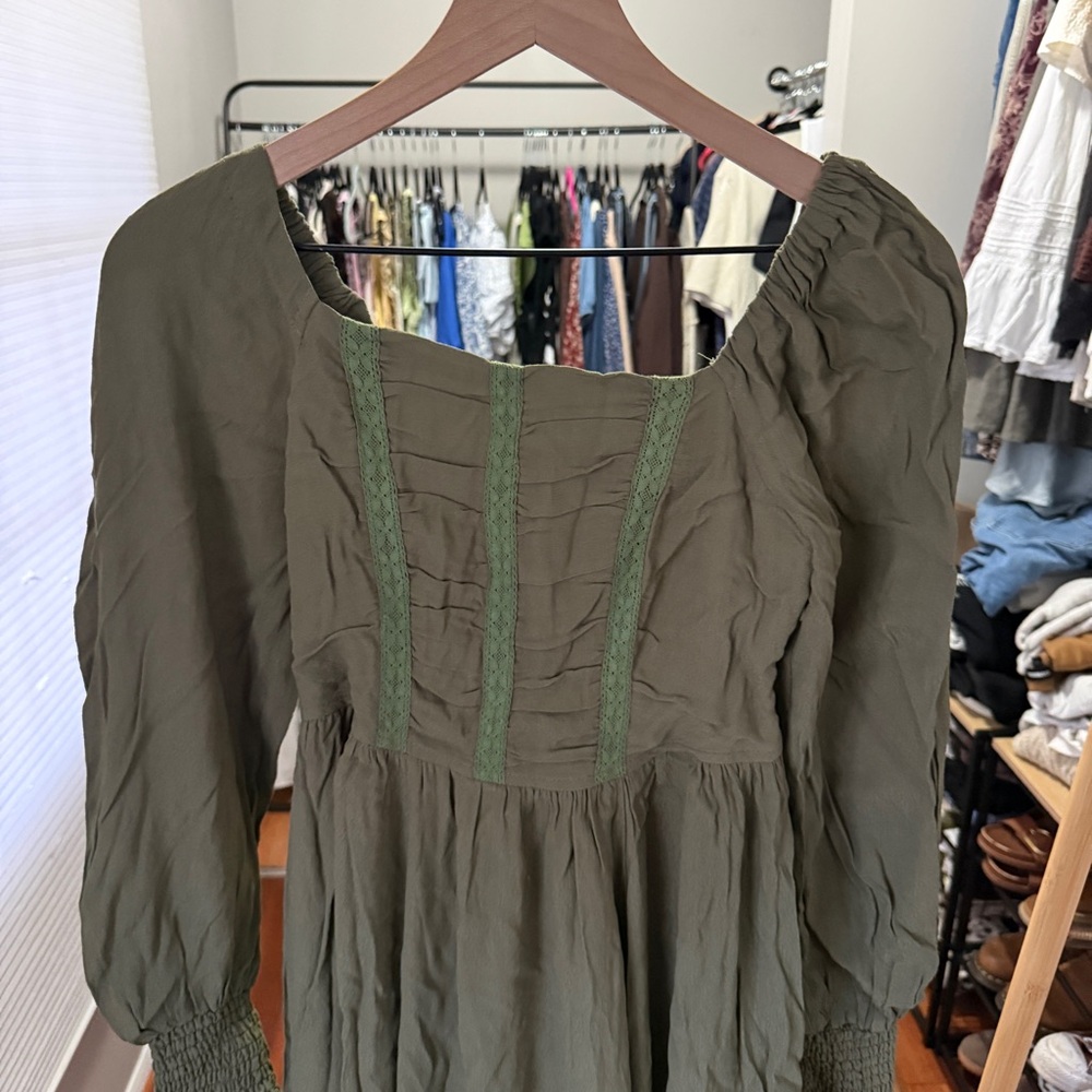 NWOT In Loom smocked olive colored maxi dress | Size: Small - Picture 3 of 8